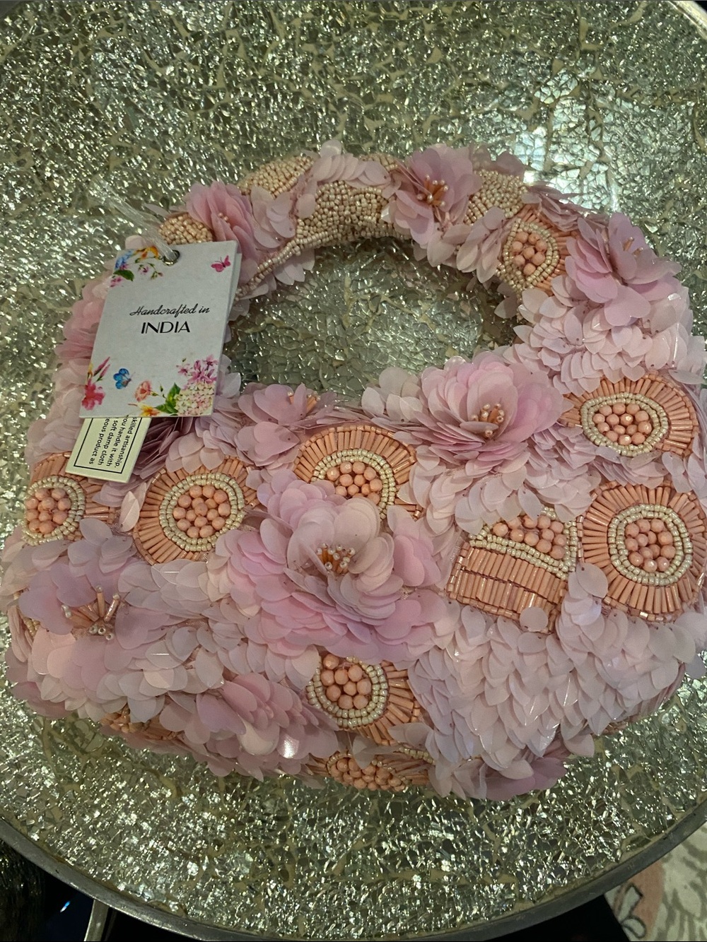 Handcrafted Pink Floral Mini Bag with Bead Embellishments